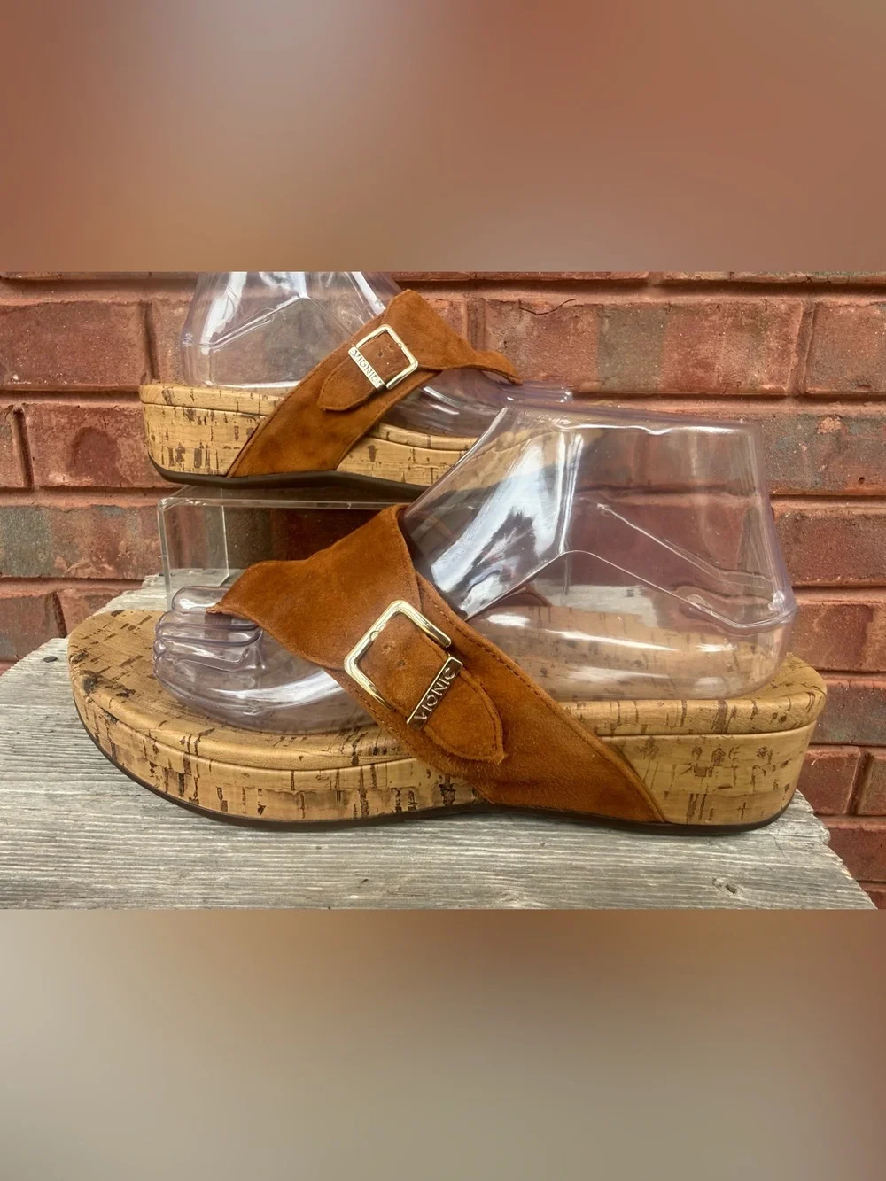 Vionic Marbella Brown Tan Suede Cork Wedge Platform Thong Sandals Women’s Sz 9